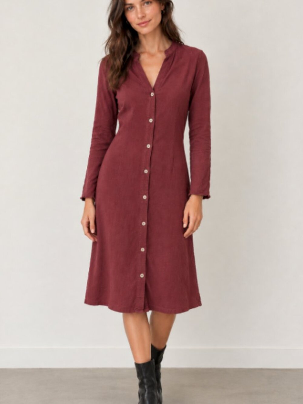 Pact Rust Button-Front Long Sleeve V-Neck Cotton Linen Dress Fall Boho
